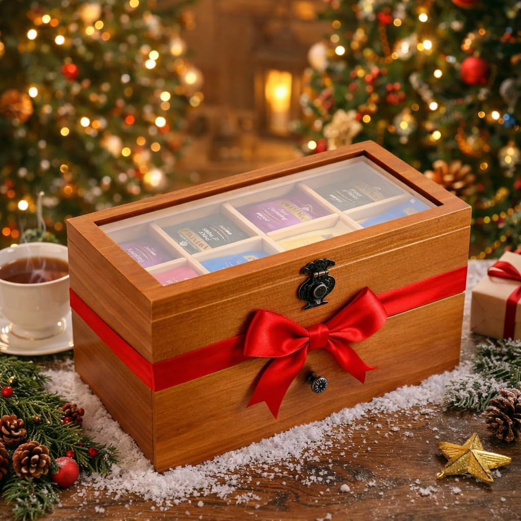 WELLAND Wood Tea Bag Organizer, Storage Box with Clear Acrylic Window, 2-layer 14 Compartments Large Capacity Tea Bag Holders, Gift Idea