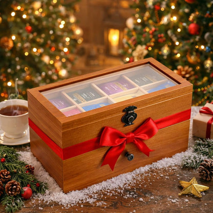 WELLAND Wood Tea Bag Organizer, Storage Box with Clear Acrylic Window, 2-layer 14 Compartments Large Capacity Tea Bag Holders, Gift Idea