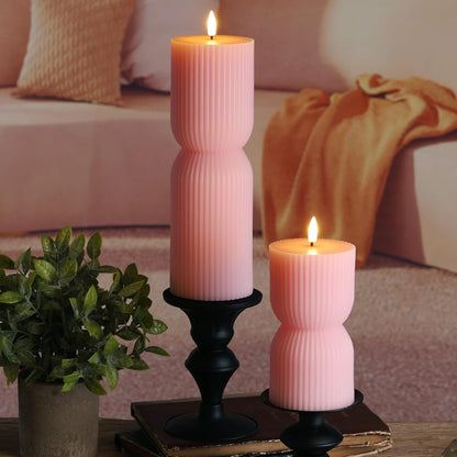 White Ribbed Flameless Pillar Candles with Remote, Real Wax Flickering Battery LED Candles Set of 2