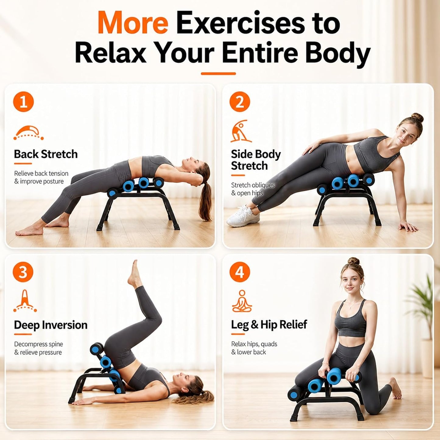 Mini Inversion Table with Rollers, Spinal Decompression Table Rollers | Back Extension Machine for Back Pain Relief, Easy to Assemble & 297 Weight Capacity, Home Gym Equipment