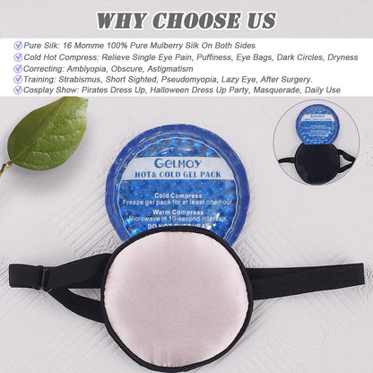 Cooling Eye Patches for Puffy Eyes, Pure Silk Ice Eye Patch, Single Eye Mask, Medical One Eye Cover Cold Hot Therapy Strabismus Lazy Eyes After Surgery Adult Kid Pirate Eyepatch (Pink-New)