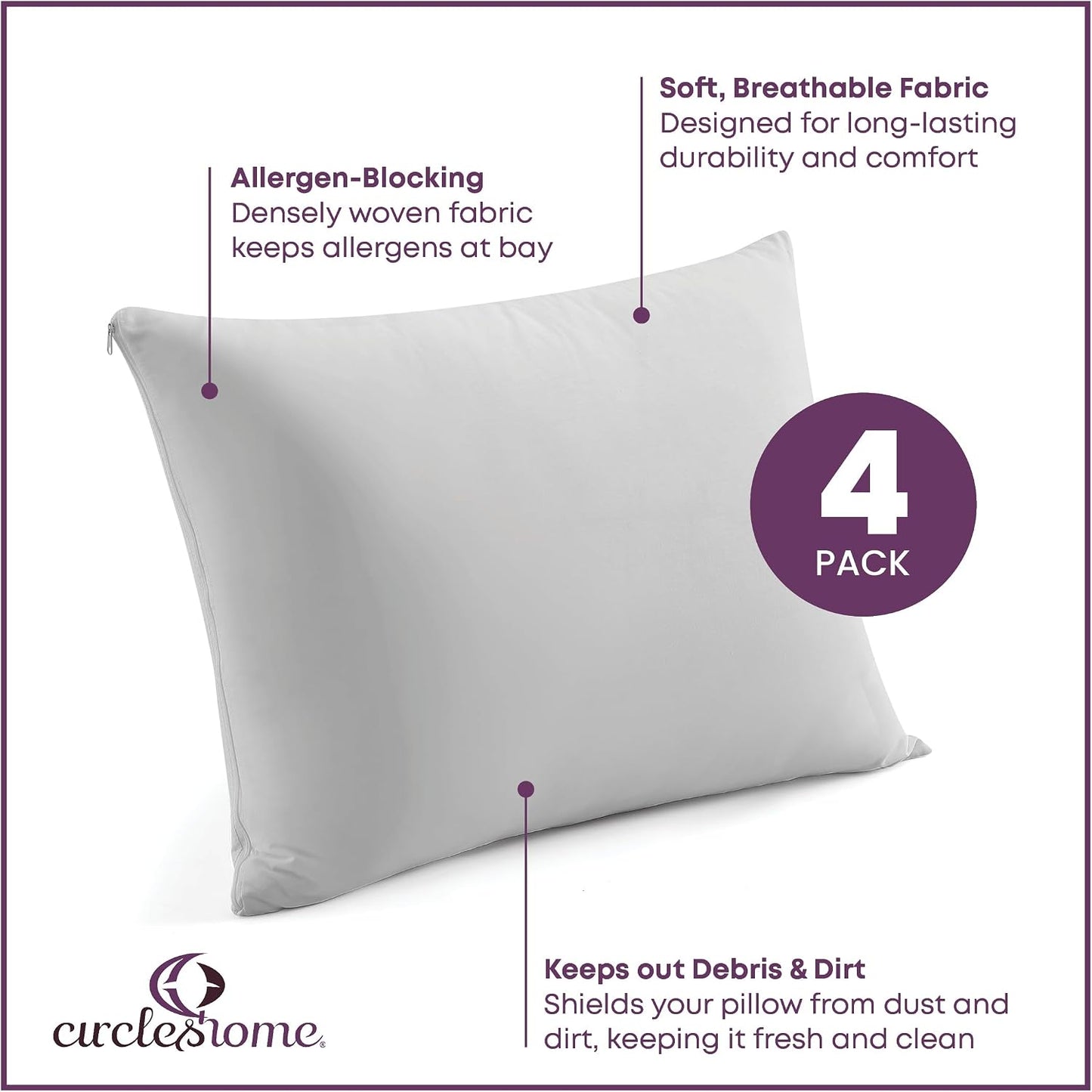 CirclesHome Pillow Protectors 4 Pack Standard Zippered - 100% Cotton Breathable Pillowcases - Protects Pillows from Dirt, Dust and Debri (Standard - Set of 4 - 20x26)