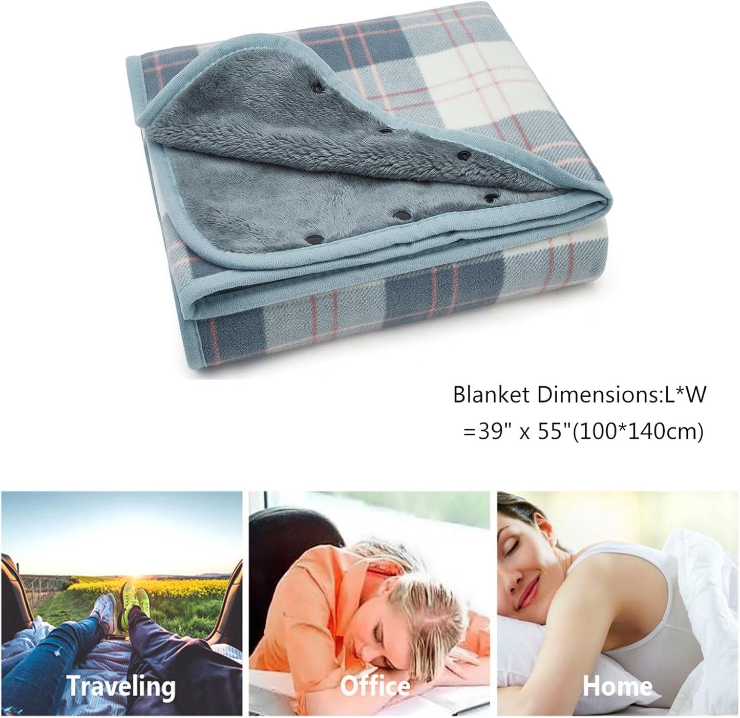 forestfish Fleece Wearable Blanket, Plaid Lap Blanket Comfy Poncho Throw with Buttons for Bed Sofa Office, Grey-White