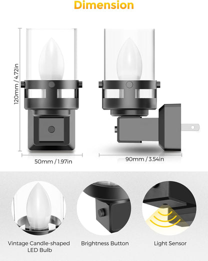 Briignite Flameless Candle Night Light, 2 Pack, Night Lights Plug into Wall, Candle Nightlight with Light Sensor, 0-100LM Dimmable LED Night Light Plug in, 1800K Amber Nightlight for Hallway Bathroom