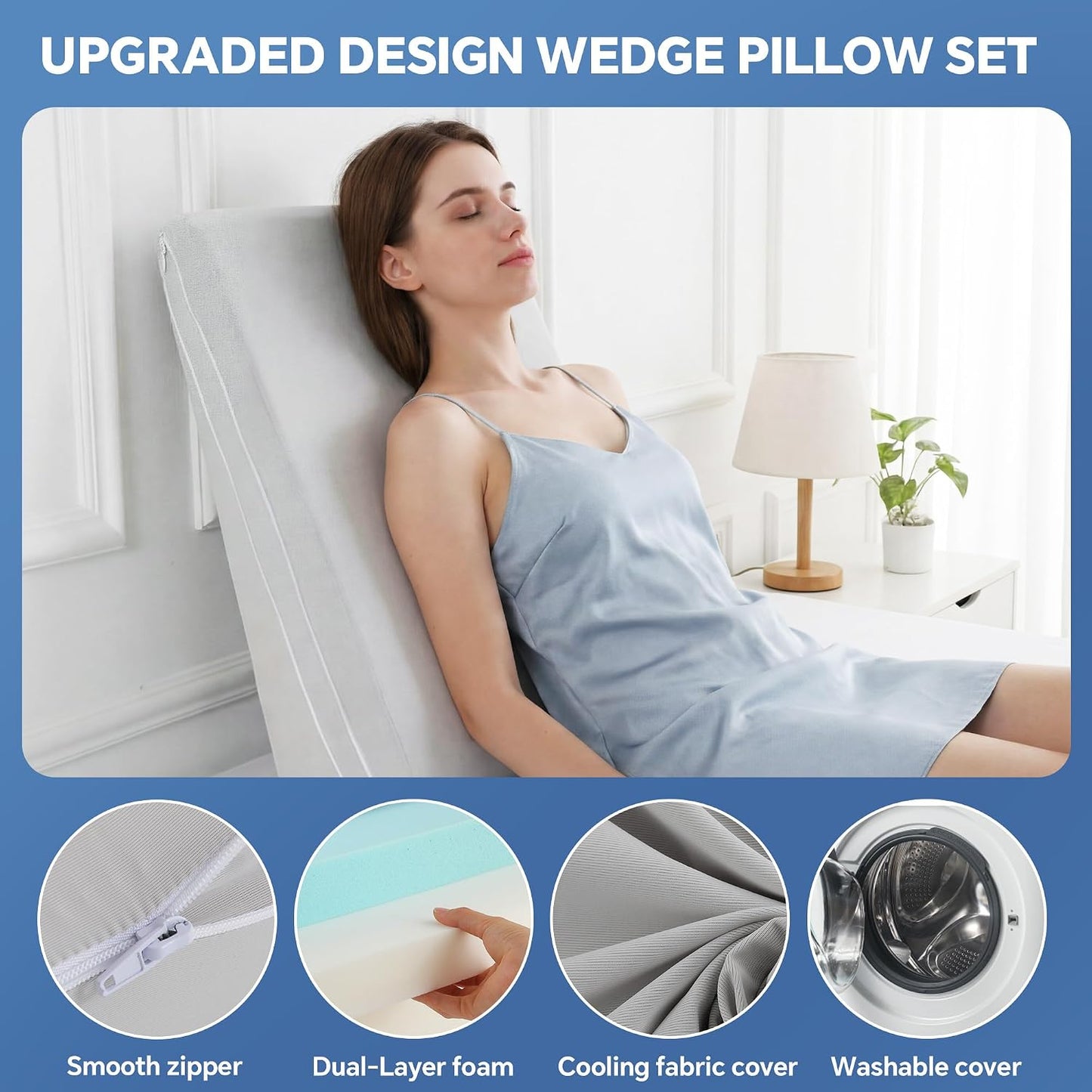 Adjustable Wedge Pillow, Q-max 0.35 Cooling Cover, 4 Heights Incline Pillow | 4 Adjustable Heights (2,4,6,8in), Memory Foam, Breathable Washable Cover, for GERD/Snoring/Back Pain/Leg Elevation