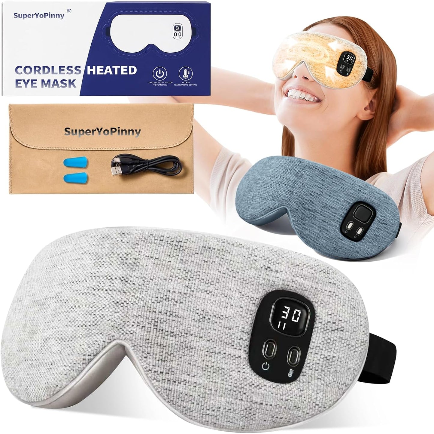 Heated Eye Masks for Dry Eyes, FSA-HSA Eligible，EyeRelief, Improved Sleep, Washable Eye Heating pad for Travel Removable for Cleaning and 2 Replaceable Shell, 4-Level Timing and Temperature (Gray)
