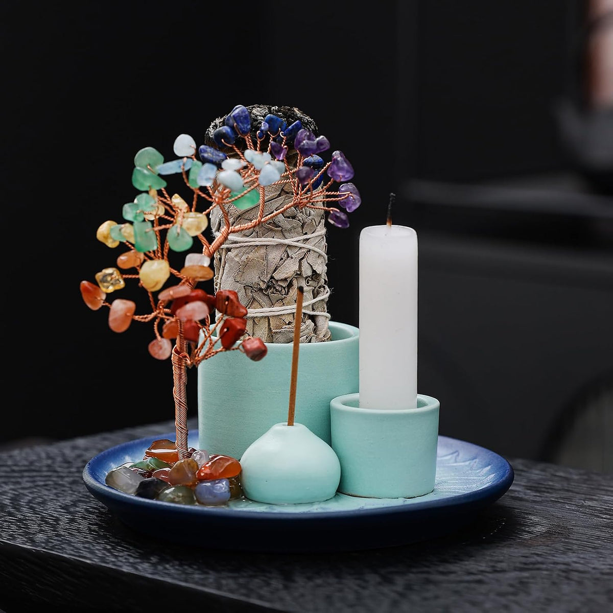 5 in 1 Incense Burner Holder with Crystal Healing Tree, Palo Santo Holder, Sage Holder, Incense Holder for Sticks/Cones/Candles, Ceramic Tray Ash Catcher for Burning Incense, Meditation Gift