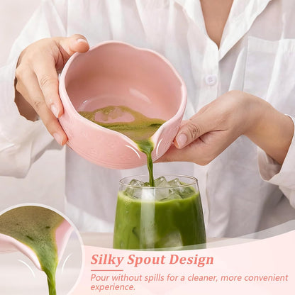 ALBISS Matcha Whisk Set - 7 Pcs Ceramic Matcha Kit with 18oz Spout Bowl & Cherry Blossom Design, Bamboo Whisk & Holder, Scoop, Rest, Sifter, Towel, Elegant Japanese Tea Gift Set for Macha Lover, Green