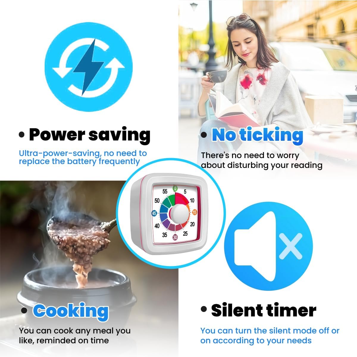 Visual Timer for Kids, 60-Minute Countdown Timer for Classroom Office Kitchen, Pomodoro Timer with Silent Operation，Time Management Tools with Colorful Pattern(White)