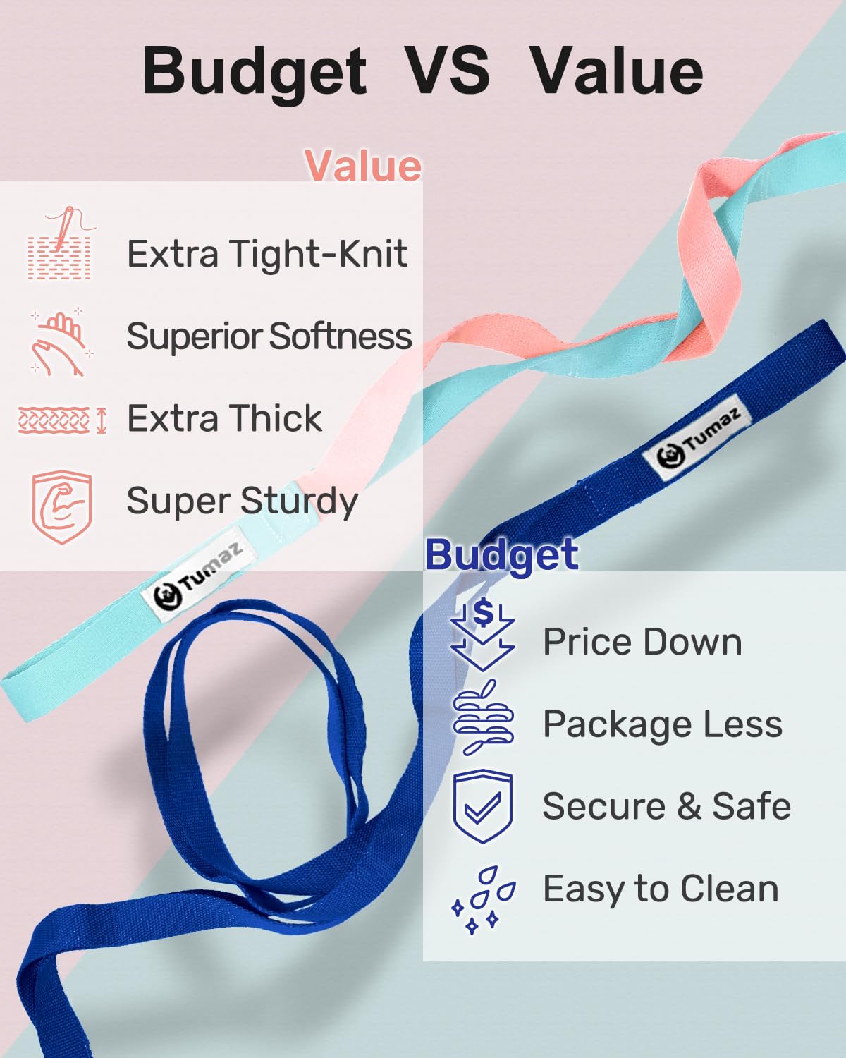 Tumaz Stretching Strap - 10 Loops & Non-Elastic Yoga Strap - Perfect Home Workout Stretch Strap for Physical Therapy, Yoga, Pilates, Flexibility