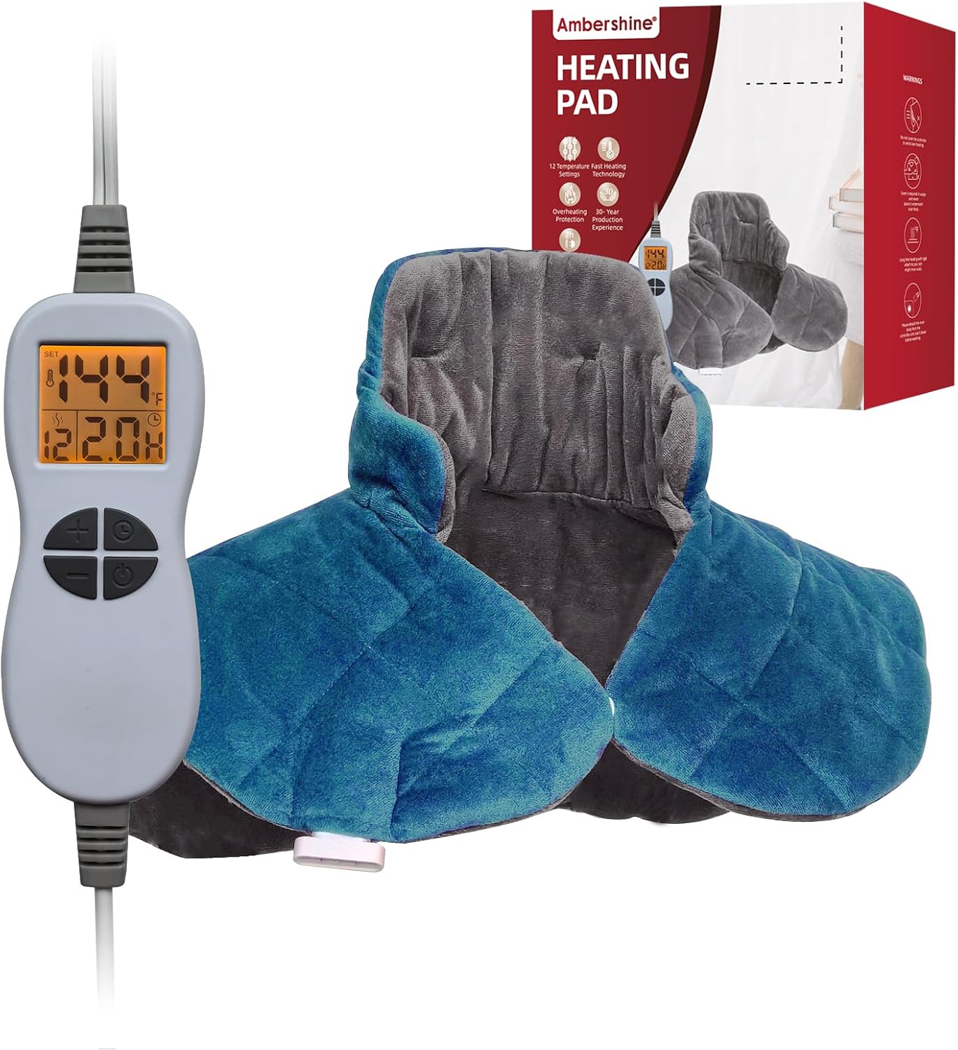 Ambershine 17''x33'' XXXL King Size Heating Pad with 12 Temperature Settings & 4 Auto-Off Countdown Timers, Pain Relief for Back/Neck/Shoulders/Abdomen/Legs(Dark Teal)