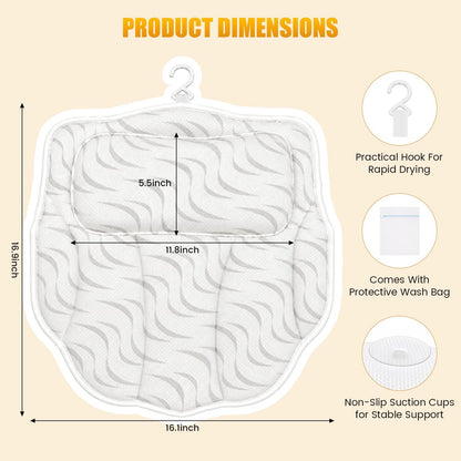 Bath Pillow for Tub, Ergonomic Neck Support Spa Bath Cushion | 4D Hollow Air Mesh,Quick-Dry & Breathable,ergonomic head neck support,6 heavy-duty suction cups for home spa tub soak