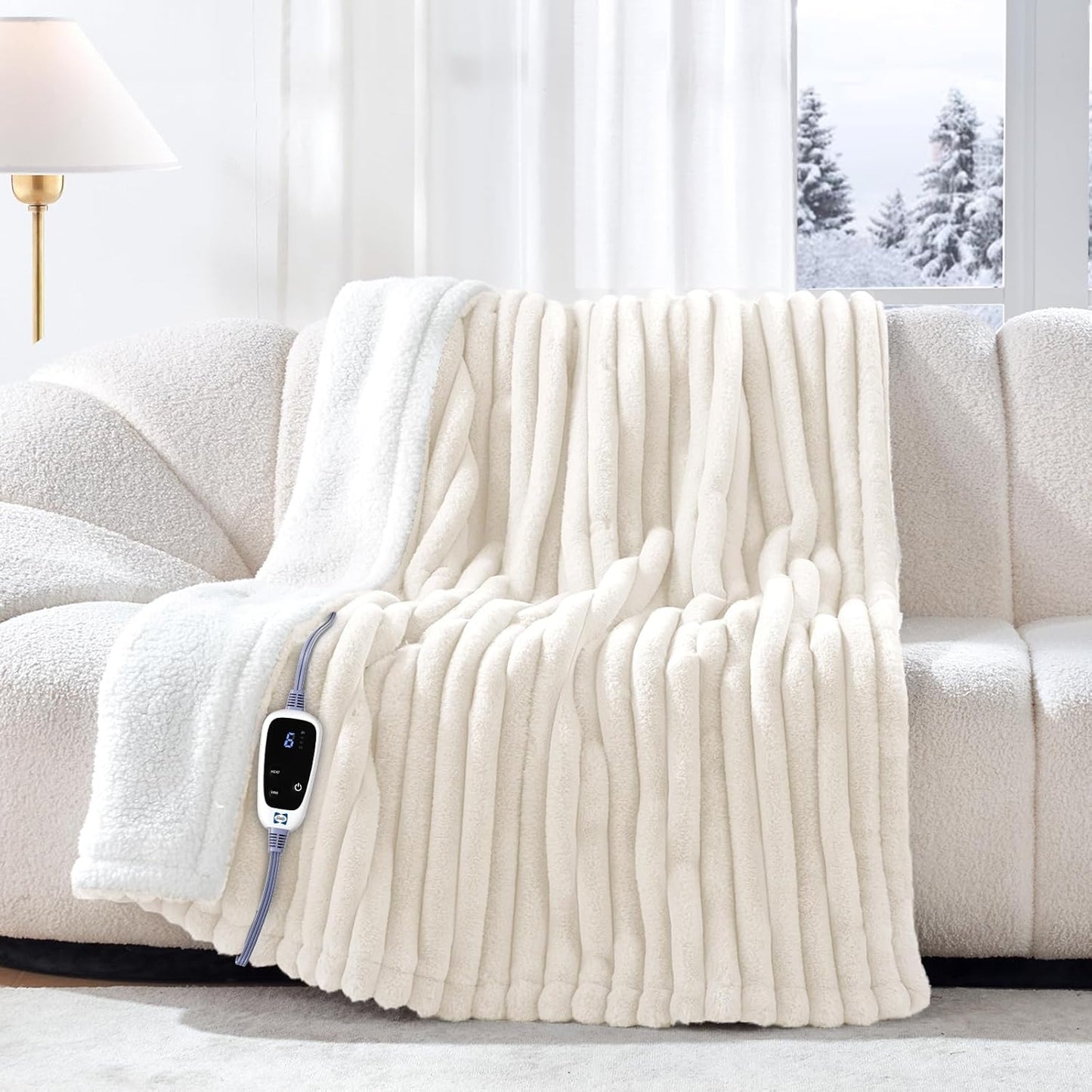 Sealy Electric Blanket Throw Size 50"*60",Super Cozy Faux Fur to Sherpa Reversible Heated Blanket Throw with 6 Heating Levels & 2-10 Hours Auto Off Overheating Protection Machine Washable,Blue White