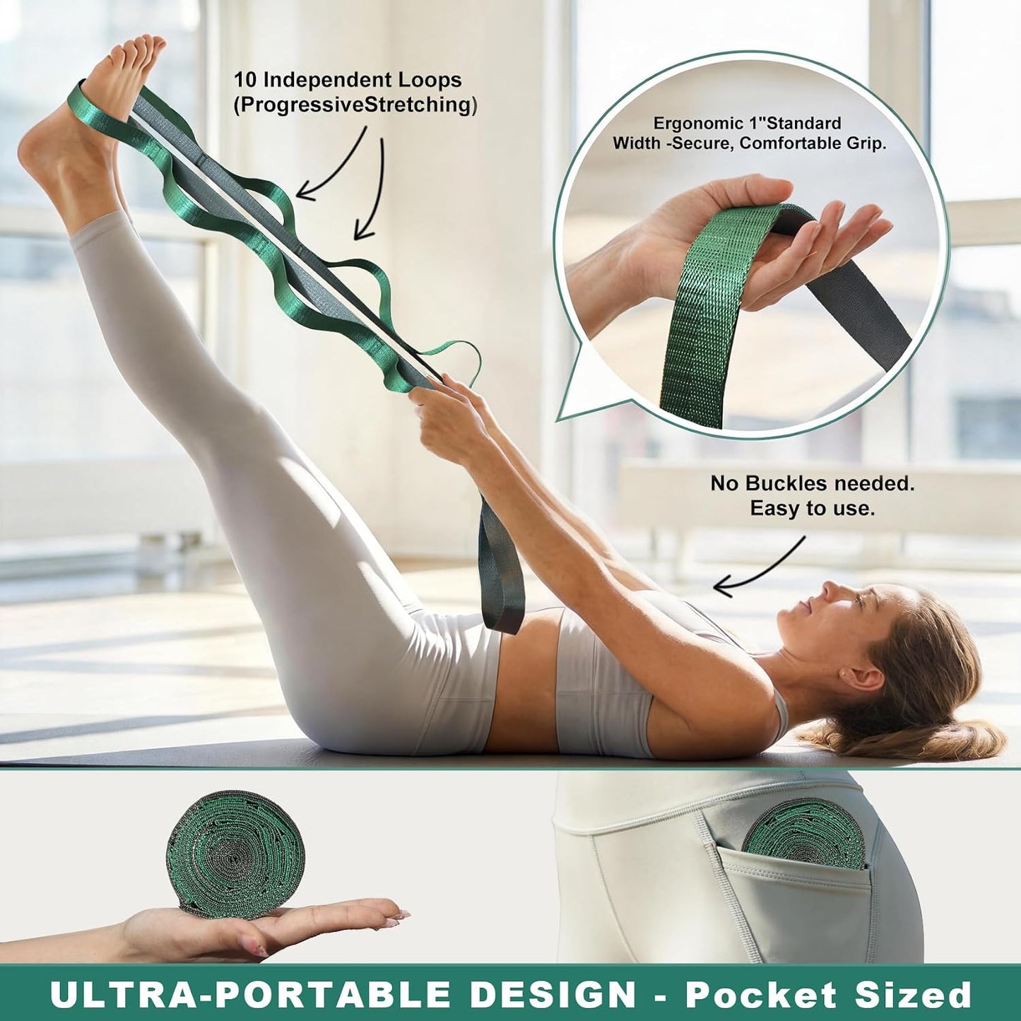Acozycoo Stretching Strap with Loops for Physical Therapy,Yoga Strap for Stretching,Home Workout,Pilate & Flexibility Training,Non-Elastic Exercise Stretch Band for Hamstring,Leg Stretcher Belt,Flexibility Fascia