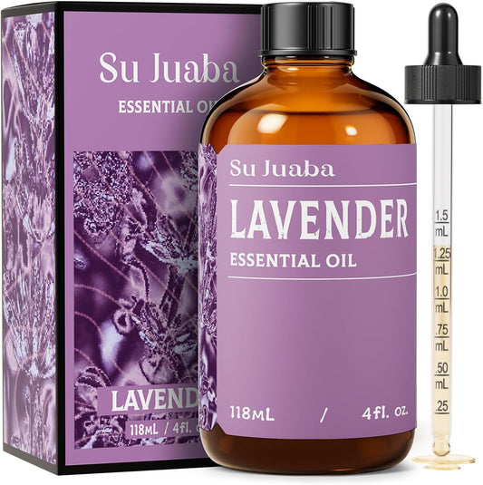 SU JUABA Lavender Essential Oil for Aromatherapy, Sleep & Relaxation | Calming Scent for Diffusion & Skin Care, Ideal for DIY Candles Soap & Fabric Softening - 118mL / 4 fl oz