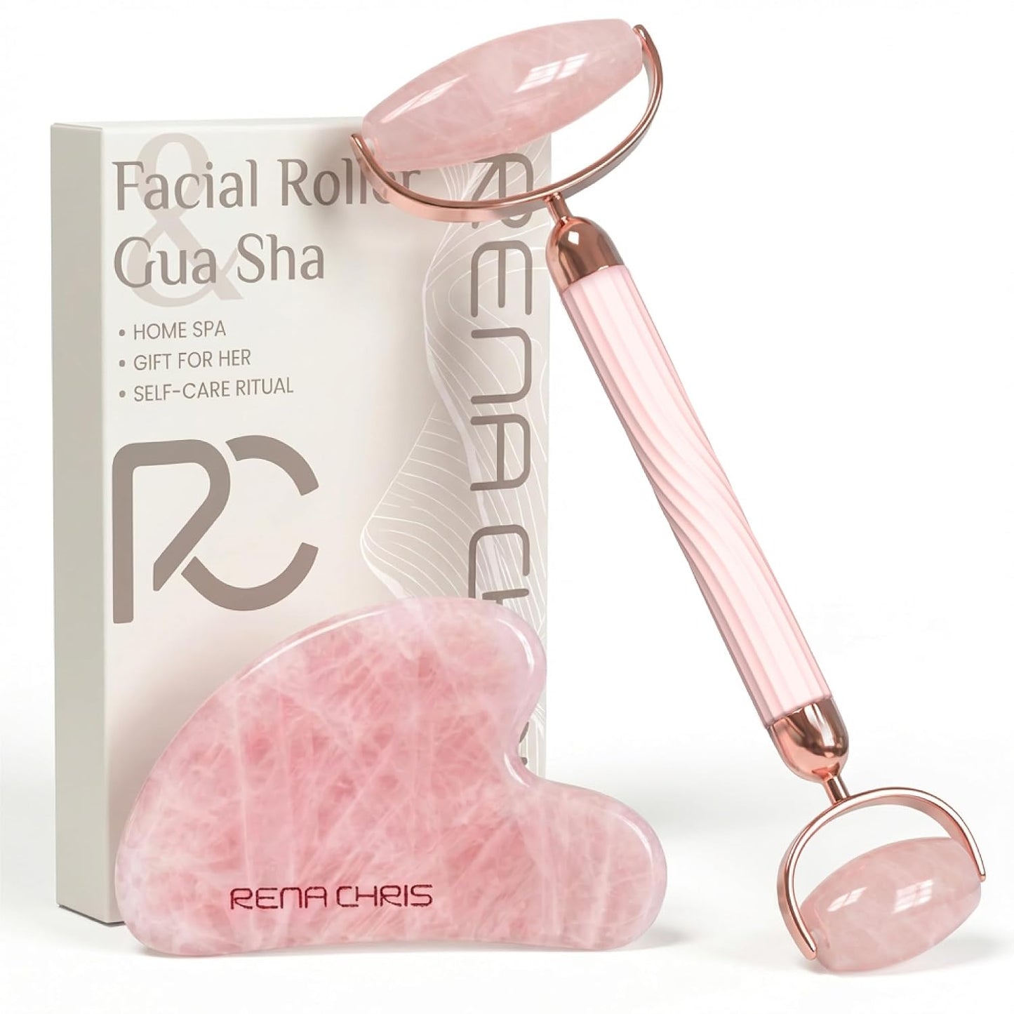 Rena Chris Gua Sha and Face Roller Set: Anti-Breakage Jade Roller for Long-Lasting Use, Jawline Sculpting and Puffiness Reducing, Gua Sha Facial Tools for Self Care Gift (Green)