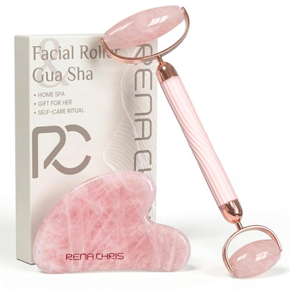 Rena Chris Gua Sha and Face Roller Set: Anti-Breakage Jade Roller for Long-Lasting Use, Jawline Sculpting and Puffiness Reducing, Gua Sha Facial Tools for Self Care Gift (Green)