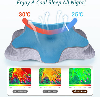 CHxxy Cervical Neck Pillow for Pain Relief Sleeping, Memory Foam Pillows, Ergonomic Side Sleeper Pillows, Cooling Orthopedic Neck Support Pillow for Back Stomach Sleepers-Queen Size Grey&Grey