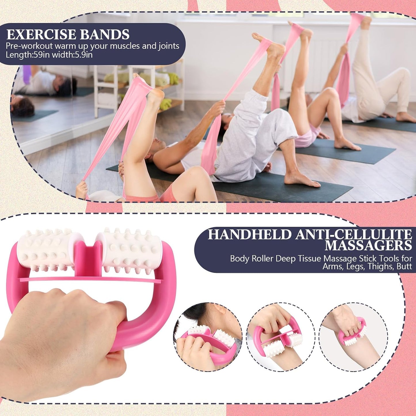 Arrowbash 5-in-1 Pink Yoga Wheel Set Back Stretcher Wheel Deep Tissue Massage Foam Roller Trigger Point Relieve Ball, Resistance Loop Exercise Bands Massage Roller for Deep Tissue Yoga Beginner Gift