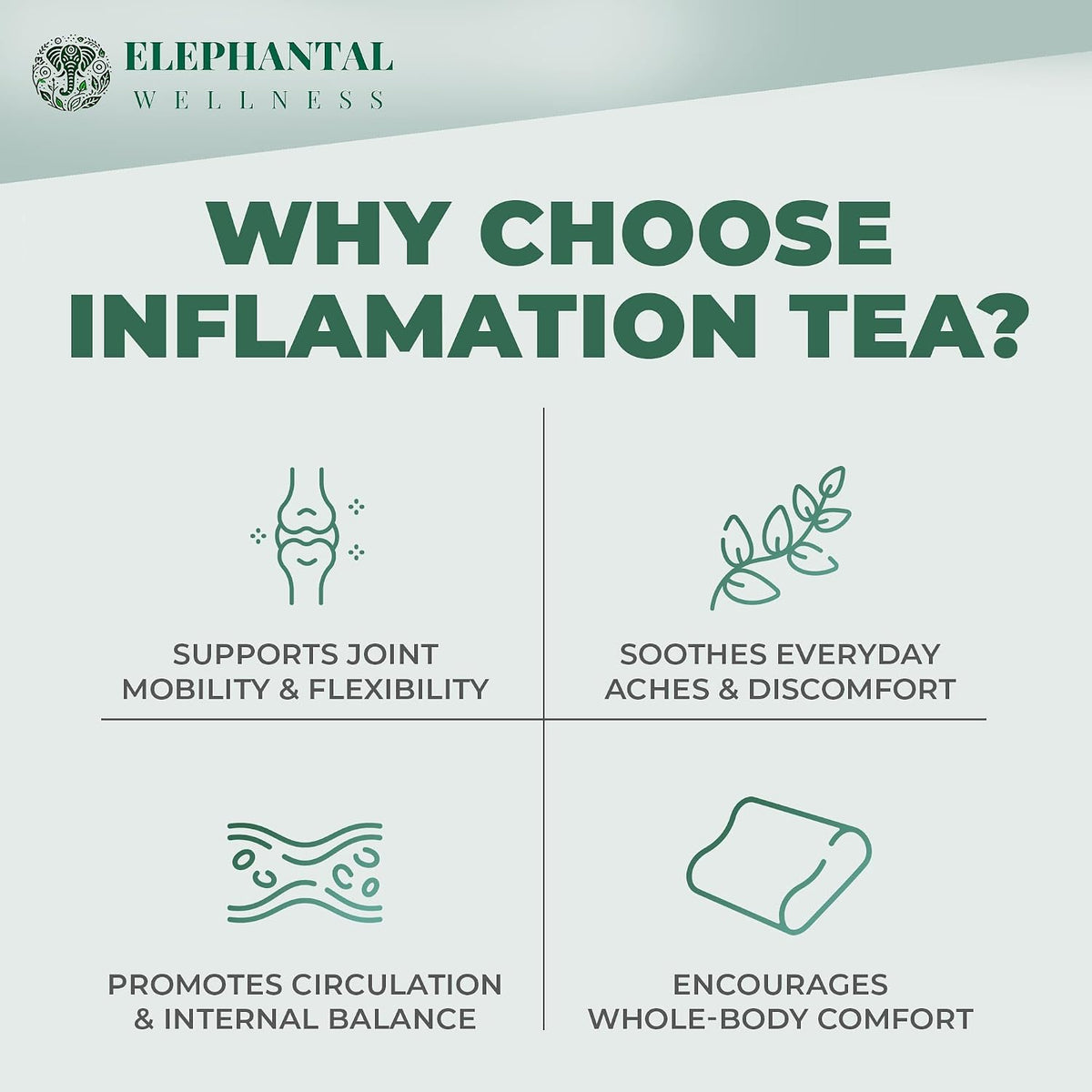 Elephantal Wellness Premium Inflammation Herbal Tea | Comfort & Mobility Blend with Turmeric, Boswellia, White Willow Bark & Ginger | Handmade, Non-GMO, Caffeine-Free Loose Leaf, 2oz, 20 Servings