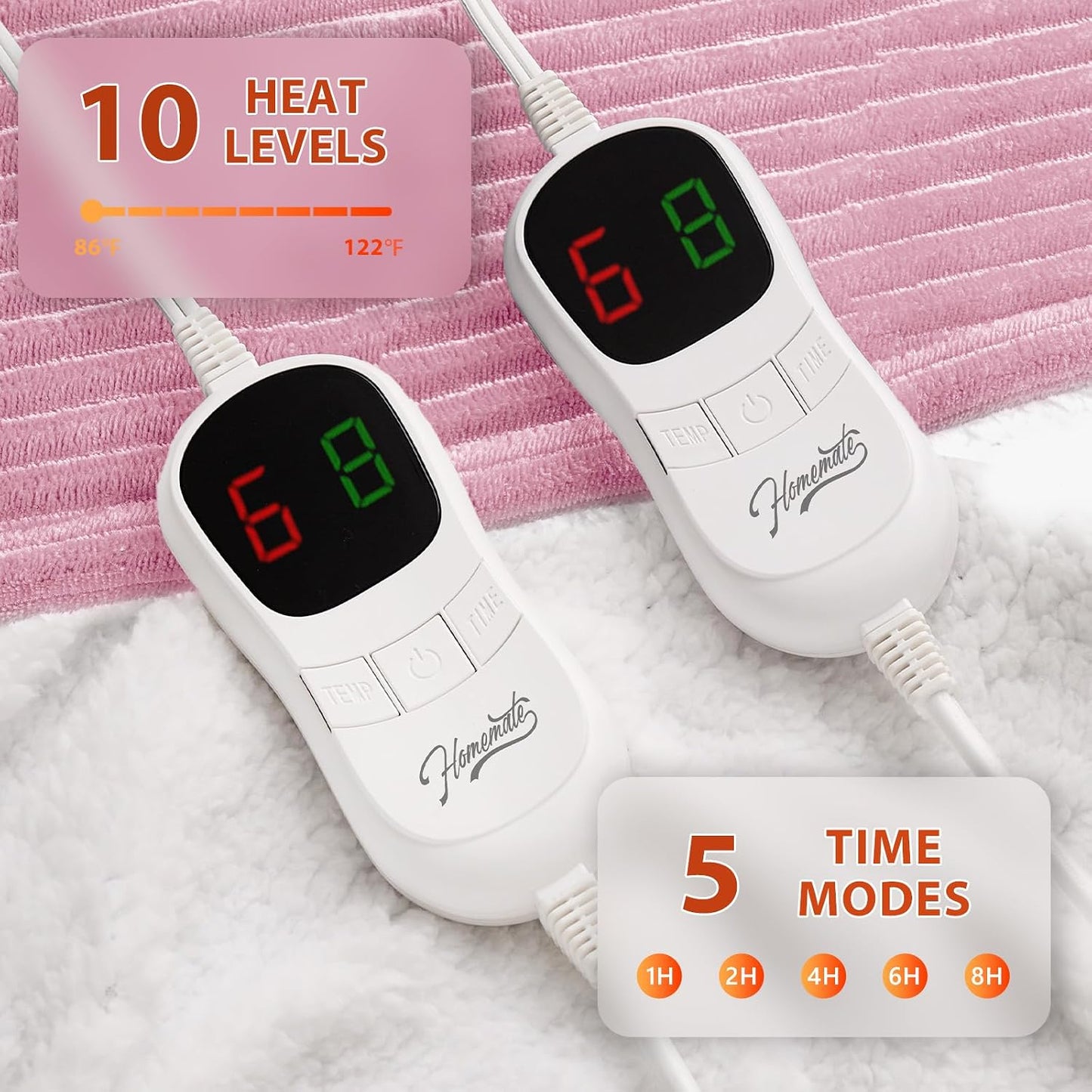 Homemate Heated Blanket Electric Throw - 50"x60" Heating Blanket Throw 1/2/4/6/8 Hours Auto-Off 10 Heat Levels Over-Heat Protection Soft Flannel Sherpa Heater ETL Certification