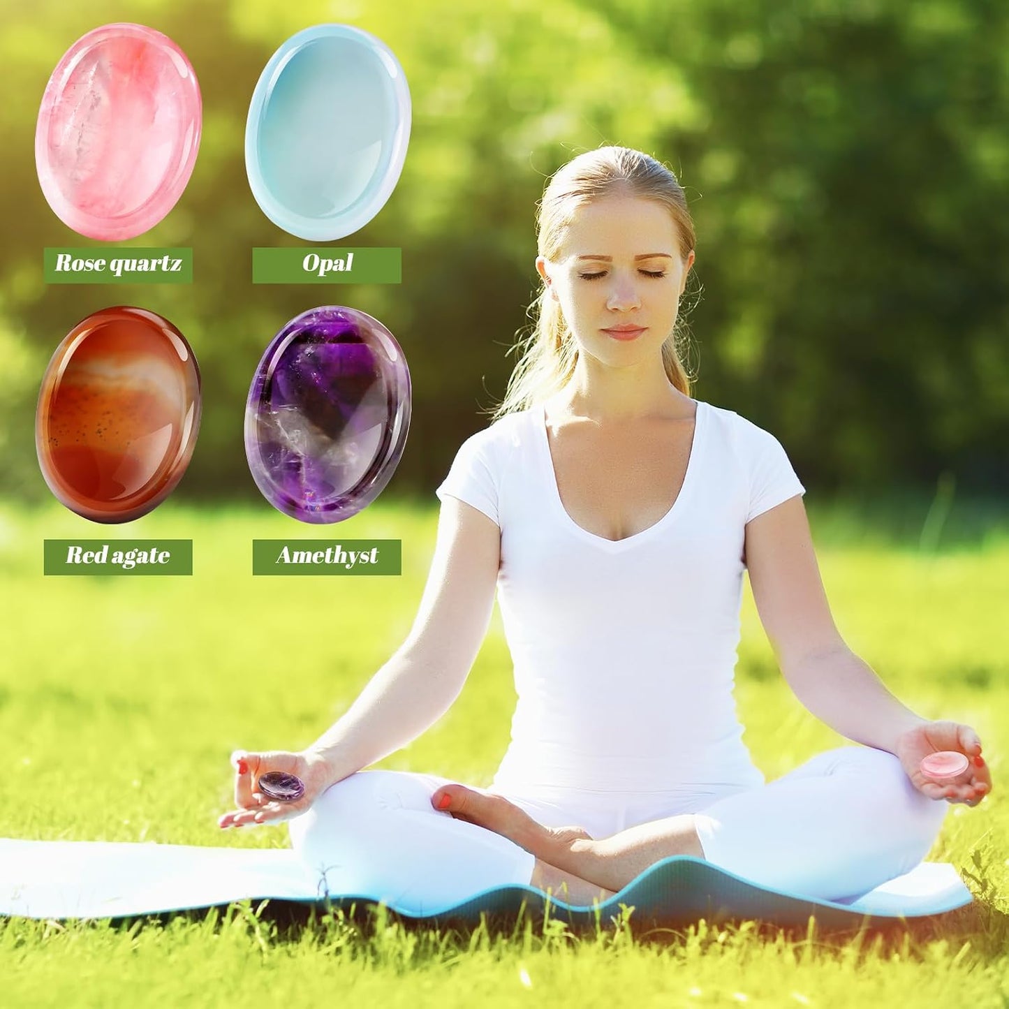 Roowest 4 Pcs Thumb Worry Stone for Anxiety Natural Crystal Healing Stone Chakras Amethyst Tiger Eye Quartz Pocket Hug Gift for Office Stress Meditation(Chromashift,Oval)