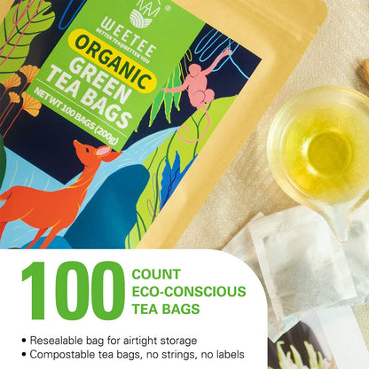 WT WEETEE Organic Green Tea Bags 100ct, Caffeinated & Super Antioxidant
