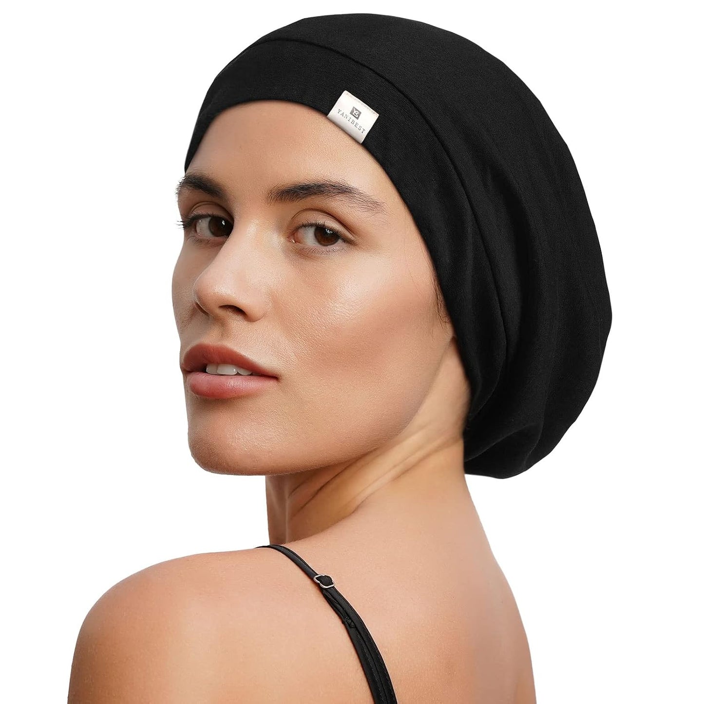 YANIBEST Hair Cover Bonnet Satin Sleep Cap - Adjustable Stay on Silk Lined Slouchy Beanie for Night Sleeping Surgical Hats Pure Black