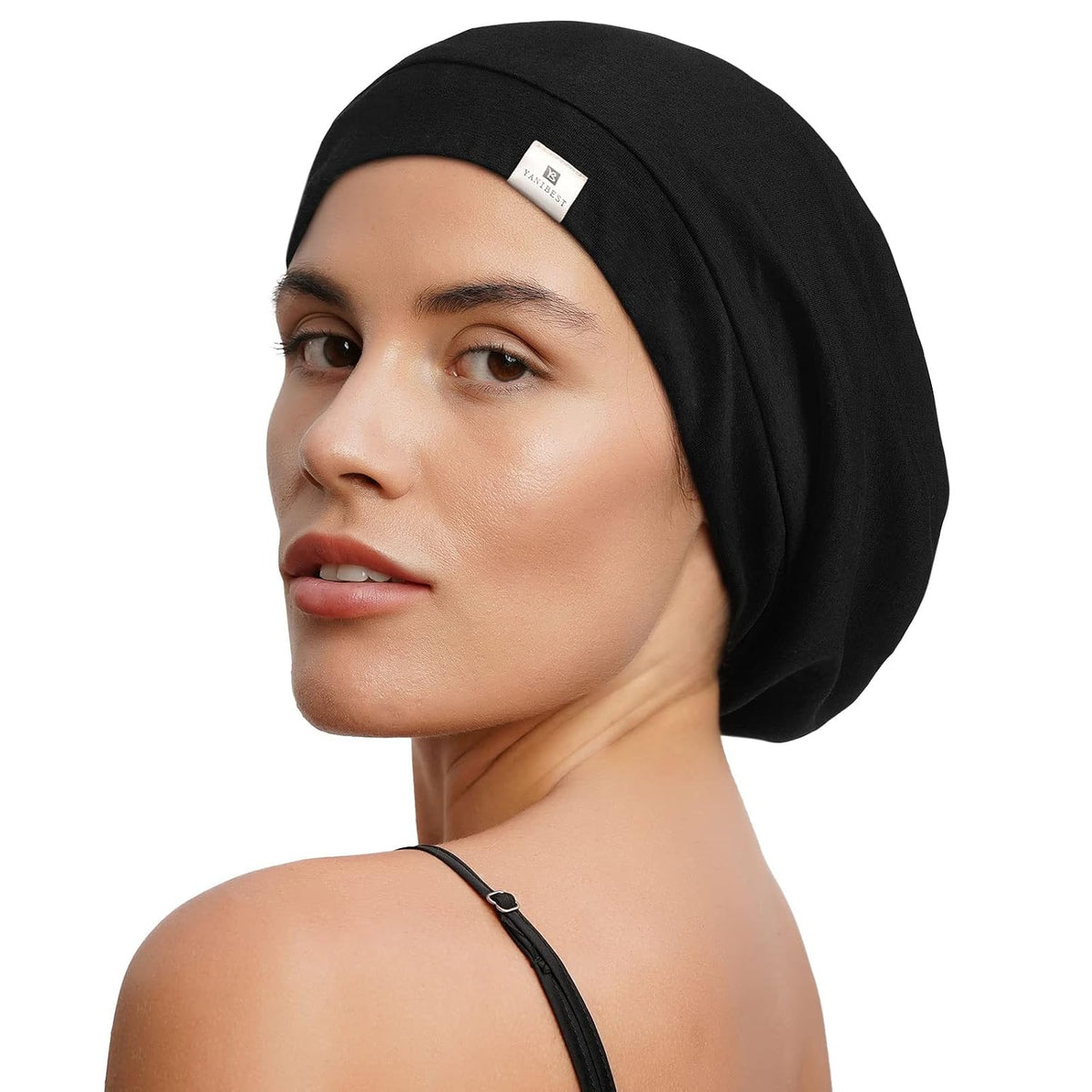 YANIBEST Hair Cover Bonnet Satin Sleep Cap - Adjustable Stay on Silk Lined Slouchy Beanie for Night Sleeping Surgical Hats Pure Black