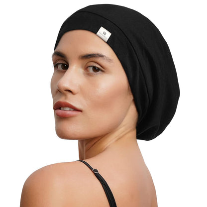 YANIBEST Hair Cover Bonnet Satin Sleep Cap - Adjustable Stay on Silk Lined Slouchy Beanie for Night Sleeping Surgical Hats Pure Black