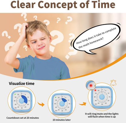 Visual Timer, Pomodoro Timers for Kids Adults, 60-Minute Countdown Desk Timer for Productivity, Silent ADHD Timer for Kids Toddlers, Kitchen for Cooking (Blue)