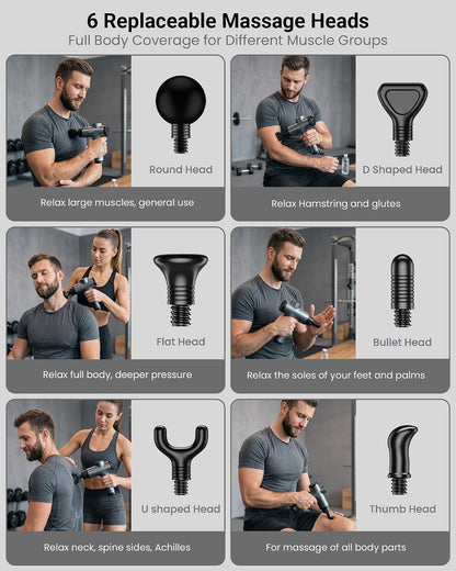 Massage Gun, Deep Tissue Percussion Muscle Massager for Pain Relief, Handheld Electric Back & Neck Massager with 30 Speeds and 6 Massage Heads for Athletes, Men & Women (Black)