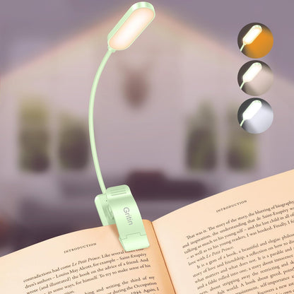 Gritin 16 LED Rechargeable Book Light for Reading in Bed- Eye Caring 3 Color Temperatures, Stepless Dimming Brightness, 80 Hrs Runtime, Lightweight Flexible Clip on Light for Book Lovers