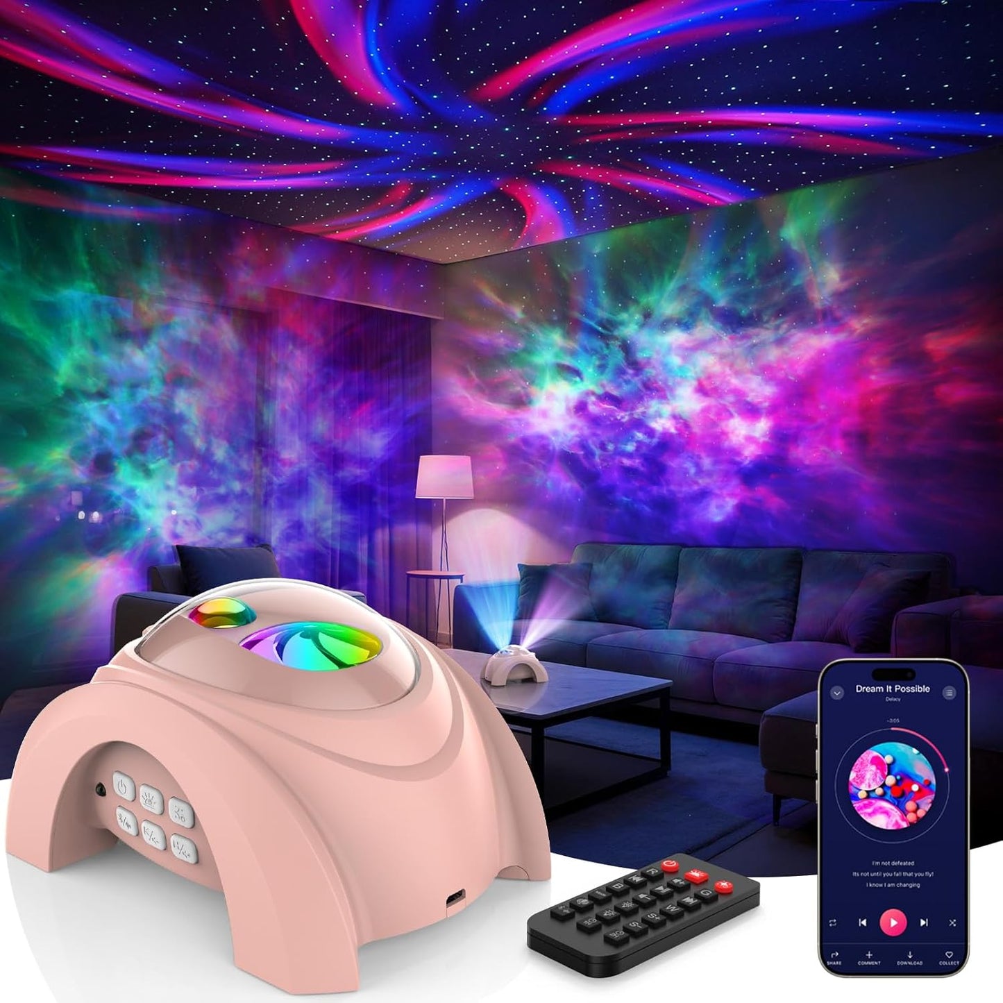 Rossetta Dual Lens Galaxy Projector, Star Projector for Bedroom with 58 Light Effects, Night Light Projector with White Noise & Bluetooth Speaker, Remote Timer, Room Decor Gift for Kids Adults Teens