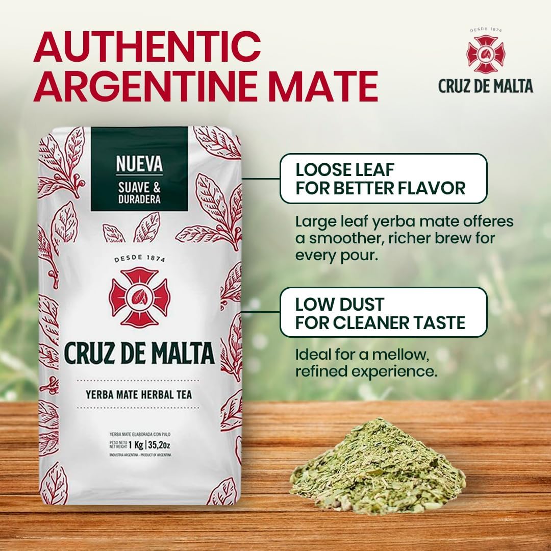 Cruz de Malta Yerba Mate Tea – 1kg (2.2 lbs) Loose Leaf – Traditional Argentine Herbal Tea – Smooth Flavor, Naturally Sourced – USA Specific Packaging – Gluten-Free – Large Leaf Low Dust Yerba Mate