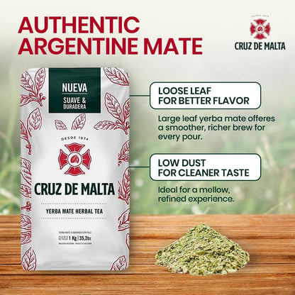 Cruz de Malta Yerba Mate Tea – 1kg (2.2 lbs) Loose Leaf – Traditional Argentine Herbal Tea – Smooth Flavor, Naturally Sourced – USA Specific Packaging – Gluten-Free – Large Leaf Low Dust Yerba Mate
