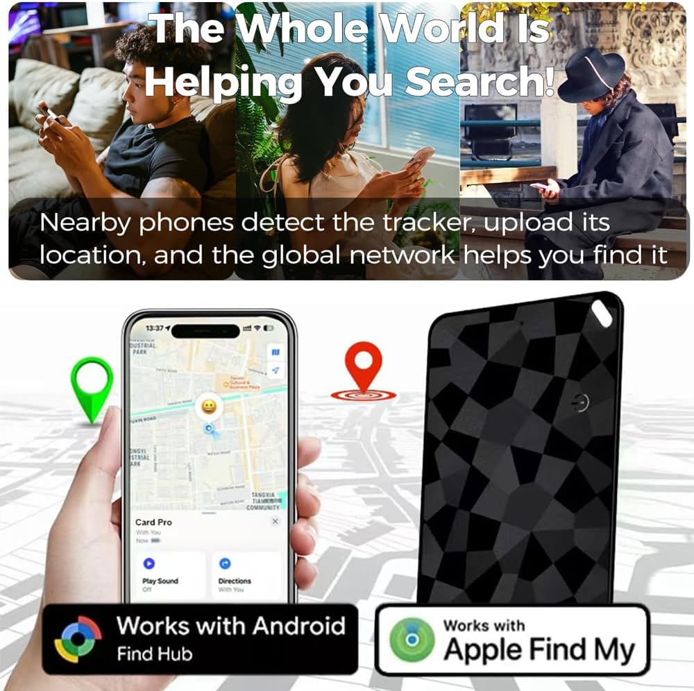 Wallet Tracker Card (iOS & Android), Ultra-Thin Bluetooth Smart Card Tracking Card Item Tracker Work with Apple Find My & Google Find Hub, IPX4 Rechargeable GPS Tracker for Wallet Passport Keys