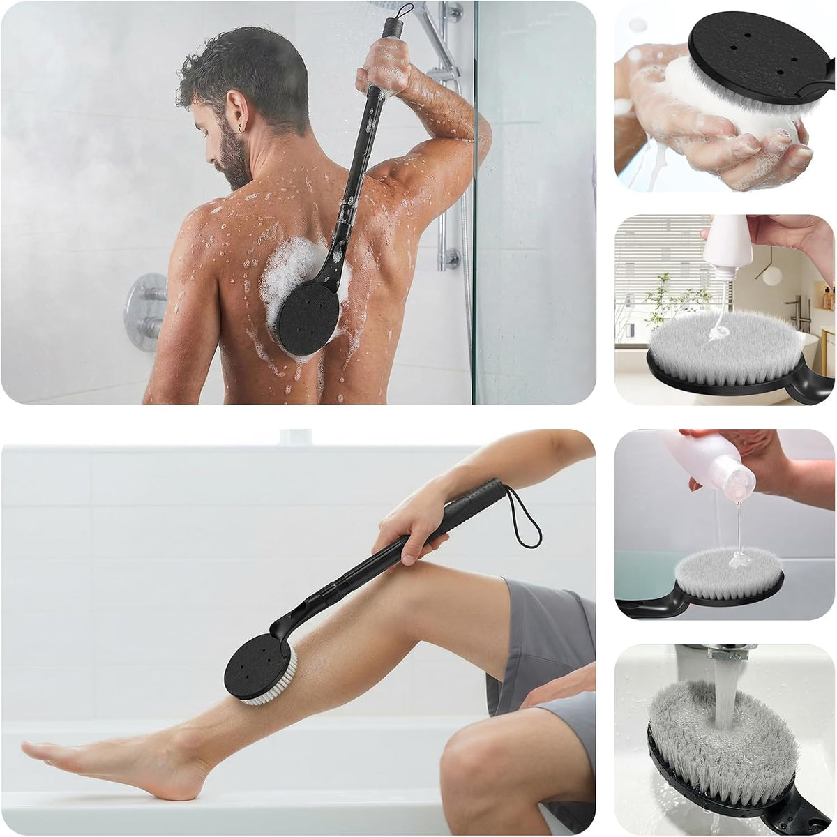 Back Scrubber for Shower with Long Handle, Dual-Sided Bath Brush for Wet & Dry Brushing, Soft & Stiff Bristles Body Exfoliator, Adjustable Detachable Shower Brush for Back, Legs & Feet