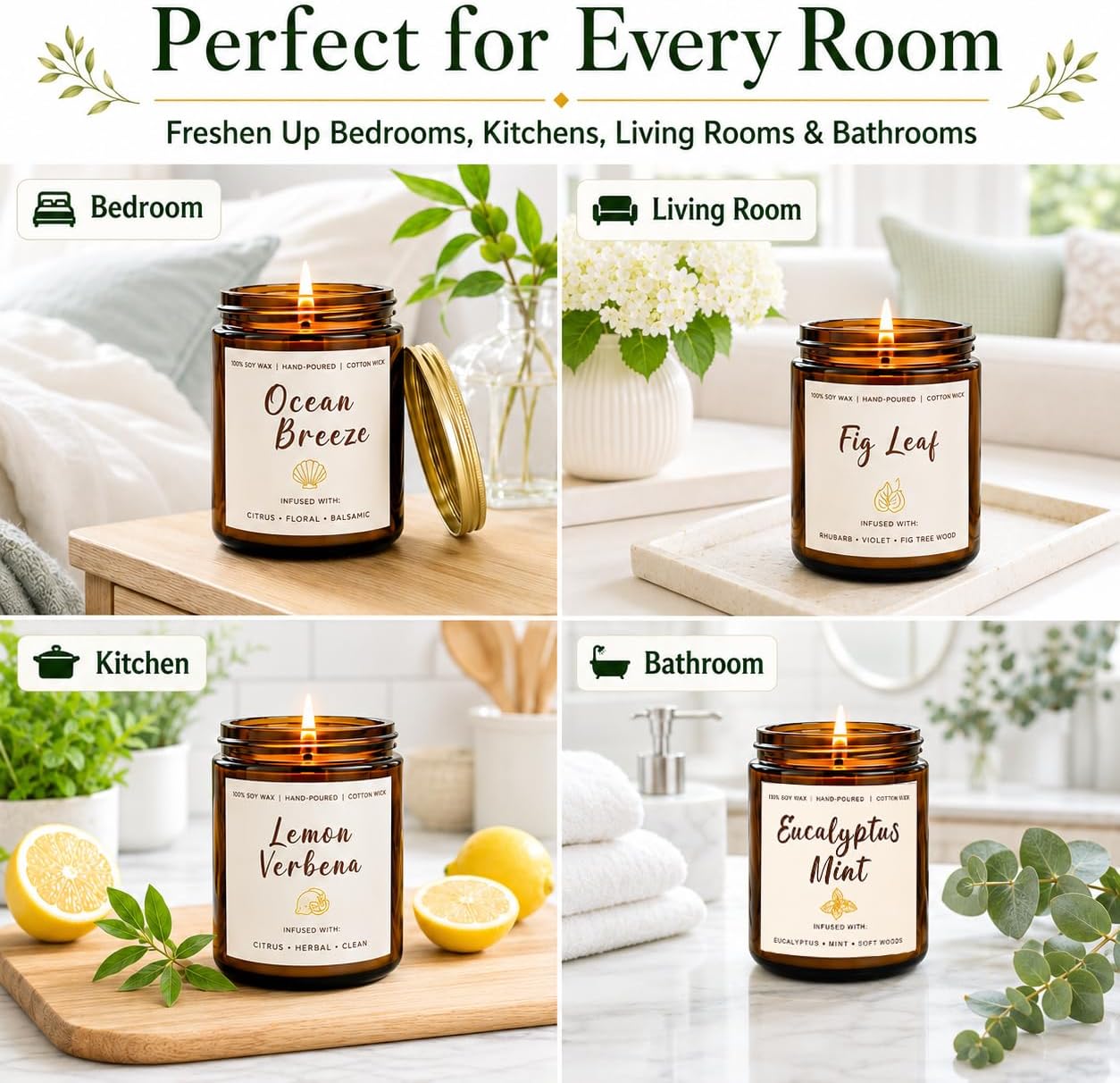 Soy Candles Set of 4, 9oz Natural Soy Wax Aromatherapy Candles, Home Scented Candles with 4 Scents (Lavender, Amber Sandalwood, White Sage, Coconut Vanilla), Gifts for Mom, Women, Relaxation, Yoga