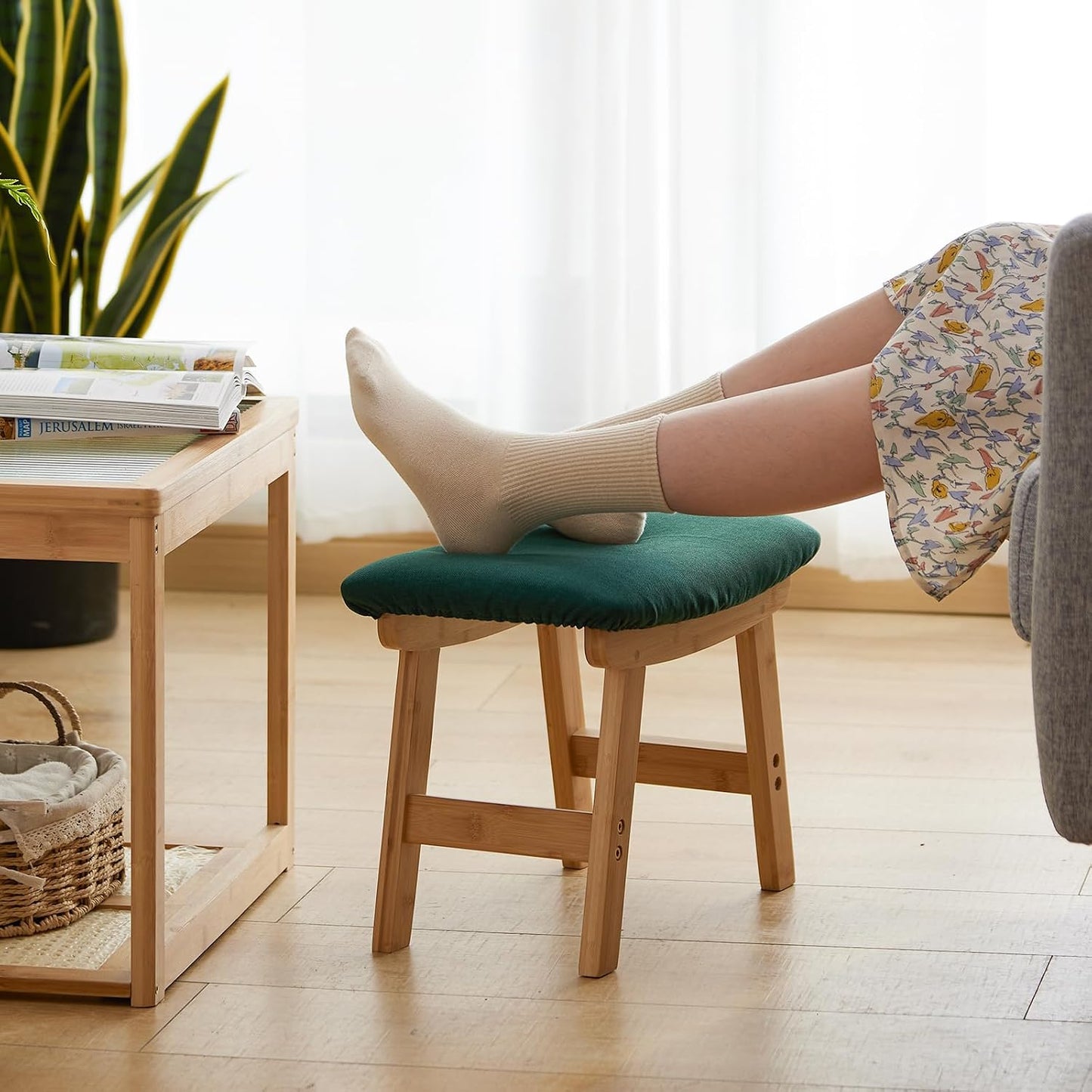 Foot Stool Ottoman Foot Rest Under Desk,Small Stool for Living Room, Bedroom and Kitchen (Brown Legs - Beige Stool Surface)