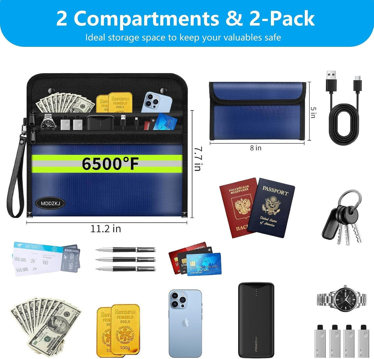 6500℉ Upgraded Fireproof Cash Bag (11.2x7.7 inch) with 2 Pockets,Small Fireproof Safe with 2 Zipper,Storage Cash,Legal Documents Safe,10 Layers of Heat Insulated Materials(2 Pack)