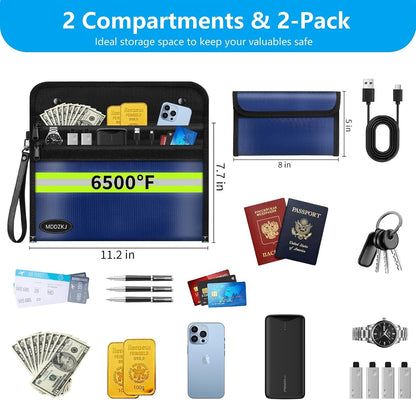 6500℉ Upgraded Fireproof Cash Bag (11.2x7.7 inch) with 2 Pockets,Small Fireproof Safe with 2 Zipper,Storage Cash,Legal Documents Safe,10 Layers of Heat Insulated Materials(2 Pack)
