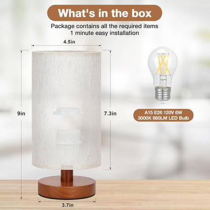 Fenmzee Small Table Lamp for Bedroom - Inline Control, Bedside Lamp with 3000K A15 LED Blub, Easy Assembly (Cream Shade - Wood Base, 9" Inline Control)