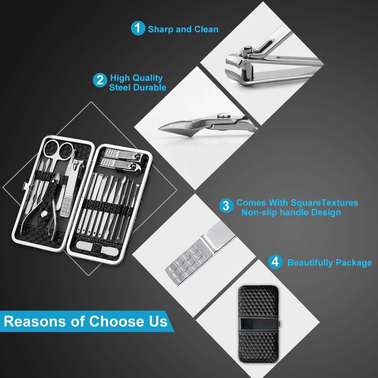 Yougai Manicure Set 18 Pieces Professional Nail Clippers Pedicure Kit Men Women, Stainless Steel Fingernail Toenail Cutters, Nail Care Grooming Tools with Leather Travel Case