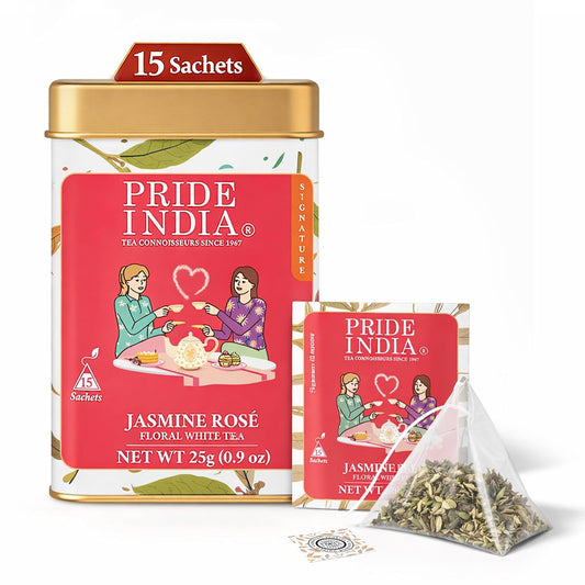 Pride of India Jasmine Rose Floral White Tea – 15 Pyramid Tea Bags | Individually Wrapped Full Leaf White Tea with Rose & Jasmine | Sweet Flavor Low Caffeine Tea for Smooth Calming Experience