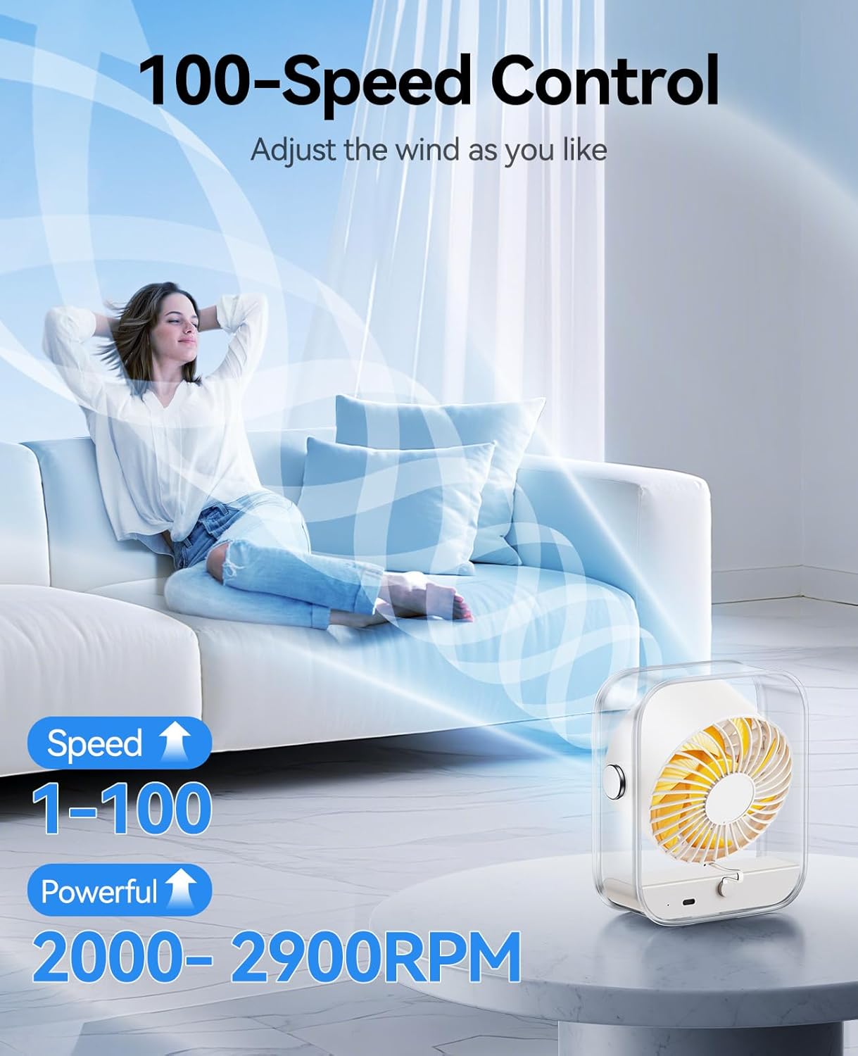 KIMMOO Rechargeable USB Desk Fan, Quiet Table Fan with Turbo Airflow, 100 Speeds, Digital Display, 90° Rotating, Small Battery Desktop Fans for Bedroom Home Office Travel, Black