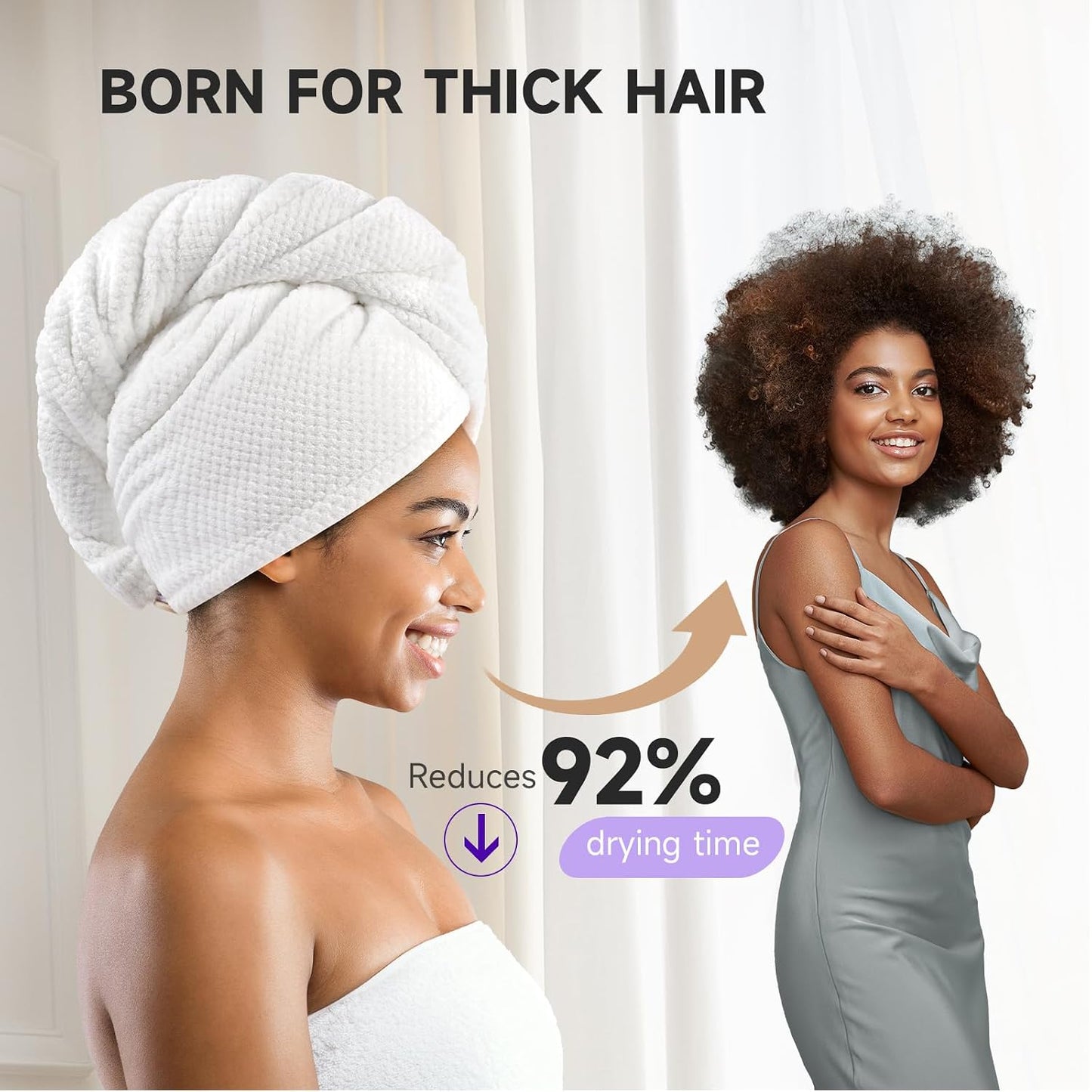 Umisleep 2 Pack Microfiber Hair Towel Wrap for Women, 400 GSM Thick & Soft Hair Drying Towels, Super Absorbent Hair Turban with Button Loop for Curly, Wavy & Wet Hair (Grey, White)