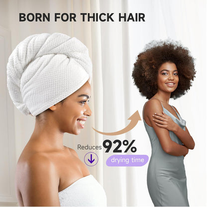 Umisleep 2 Pack Microfiber Hair Towel Wrap for Women, 400 GSM Thick & Soft Hair Drying Towels, Super Absorbent Hair Turban with Button Loop for Curly, Wavy & Wet Hair (Grey, White)