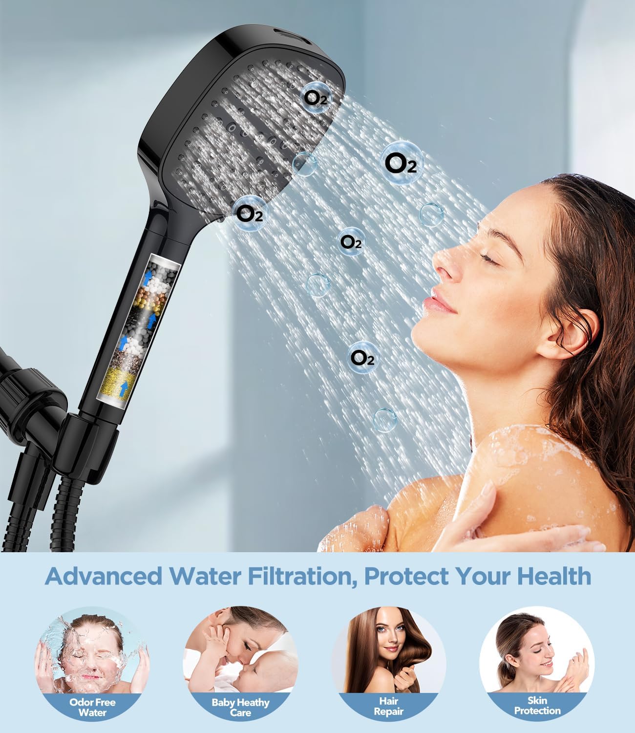MakeFit Filtered Shower Head Black - 6 Modes High Pressure Handheld Shower Head with Filter Mineral Beads, Detachable Handheld Showerhead Set with Stainless Steel Hose and Shower Arm Bracket