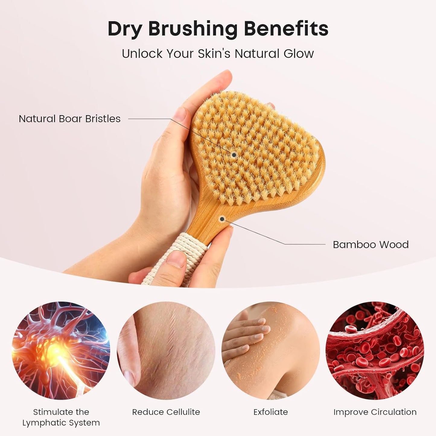 eaxun Bamboo Dry Brushing Set with Body and Face Brush, Dry Scrub Brush with Exfoliating Natural Boar Bristle for Lymphatic Drainage, Cellulite Reduction, Blood Circulation and Glowing Skin, 2 Pack